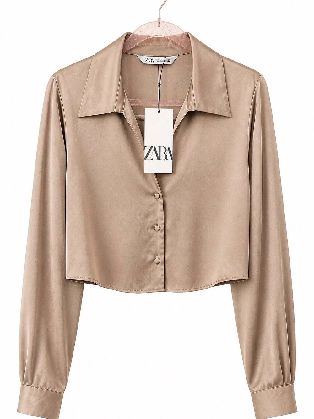 Zara Taupe Satin Crop Button-Down Shirt - Picture 1 of 3